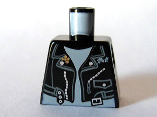 Torso Leather Jacket Open with Pocket, Zippers, Strap with Silver Buckle, and Script 'Mutt' over Light Bluish Gray Shirt Pattern