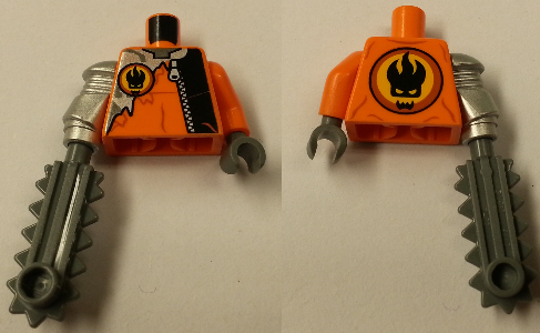Torso Agents Villain with Zipper and Silver Inset Pattern / Orange Arm and Dark Bluish Gray Hand Left / Metallic Silver Mech Arm and Dark Bluish Gray Chainsaw Right