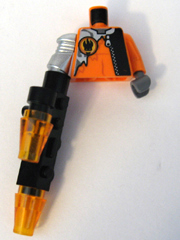 Torso Agents Villain with Zipper & Silver Inset Pattern / Orange Arm and DBG Hand Left / Met Silver Mech Arm, Black Gun, Trans-Or Cones Right