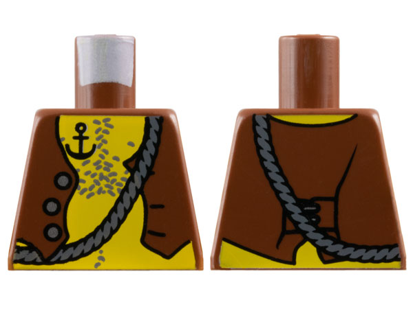 Torso Pirate Vest Open with Silver Buttons, Dark Bluish Gray Rope and Chest Hair, Black Anchor Tattoo on Yellow Skin Pattern