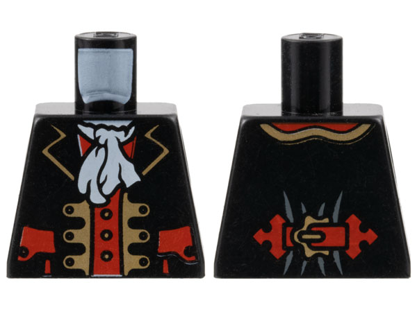 Torso Pirate Captain Jacket Open with Gold Trim and Red Pockets over Red Shirt, White Ascot Pattern