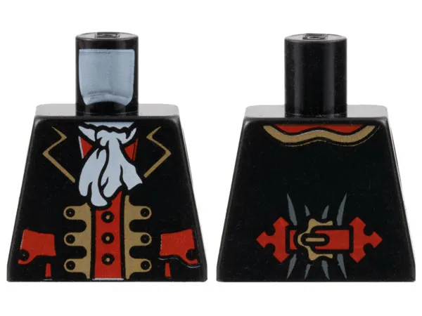 Torso Pirate Captain Jacket Open with Gold Trim and Red Pockets over Red Shirt, White Ascot Pattern