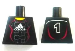 Torso Soccer Uniform Black Shirt with White Adidas Logo, Red Curved Lines and Number 1 on Back, Yellow Neck Pattern (Stickers)