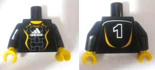Torso Soccer Uniform Black Shirt with White Adidas Logo, Yellow Curved Lines and Number 1 on Back, Yellow Neck Pattern (Stickers) / Black Arms / Yellow Hands