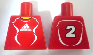 Torso Soccer Uniform Red Shirt with White Adidas Logo, Curved Lines and Number 2 on Back, Yellow Neck Pattern (Stickers)
