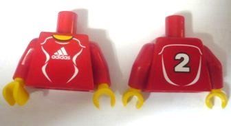 Torso Soccer Uniform Red Shirt with White Adidas Logo, Curved Lines and Number 2 on Back, Yellow Neck Pattern (Stickers) / Red Arms / Yellow Hands