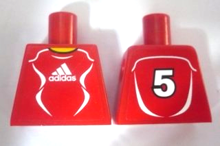 Torso Soccer Uniform Red Shirt with White Adidas Logo, Curved Lines and Number 5 on Back, Yellow Neck Pattern (Stickers)