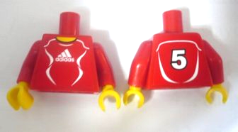 Torso Soccer Uniform Red Shirt with White Adidas Logo, Curved Lines and Number 5 on Back, Yellow Neck Pattern (Stickers) / Red Arms / Yellow Hands