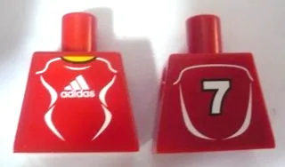 Torso Soccer Uniform Red Shirt with White Adidas Logo, Curved Lines and Number 7 on Back, Yellow Neck Pattern (Stickers)