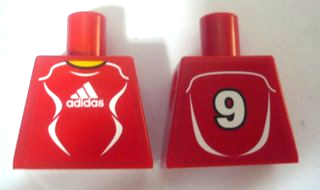 Torso Soccer Uniform Red Shirt with White Adidas Logo, Curved Lines and Number 9 on Back, Yellow Neck Pattern (Stickers)