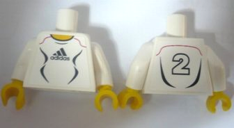 Torso Soccer Uniform White Shirt with Black Adidas Logo, Curved Lines and Number 2 on Back, Yellow Neck Pattern (Stickers) / White Arms / Yellow Hands