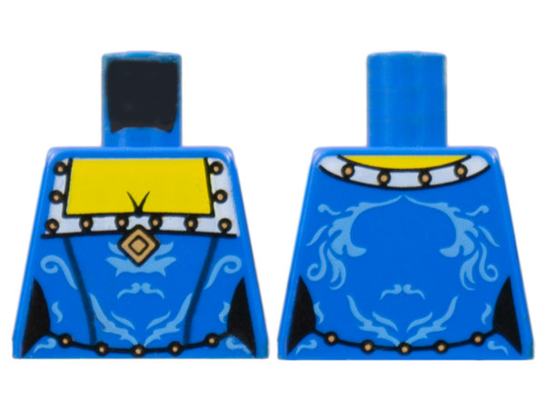 Torso Female Dress with Medium Blue Decorations and White Squared Collar with Gold Dots, Diamond Brooch, Yellow Chest Pattern