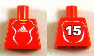 Torso Soccer Uniform Red Shirt with White Adidas Logo, Curved Lines and Number 15 on Back, Yellow Neck Pattern (Stickers)