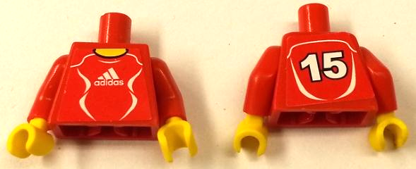 Torso Soccer Uniform Red Shirt with White Adidas Logo, Curved Lines and Number 15 on Back, Yellow Neck Pattern (Stickers) / Red Arms / Yellow Hands