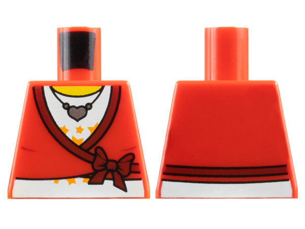 Torso Sweater Cropped with Dark Red Bow and Trim over White Shirt with Bright Light Orange Stars, Silver Heart Pendant Necklace, Yellow Neck Pattern