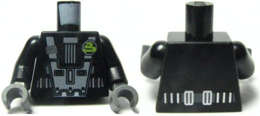 Torso Space Light Bluish Gray Harness, Dark Bluish Gray Belt, Silver Buckles, Pin with Stylized Lime Capital Letter B (Blacktron II Logo) Pattern / Black Arms / Dark Bluish Gray Hands