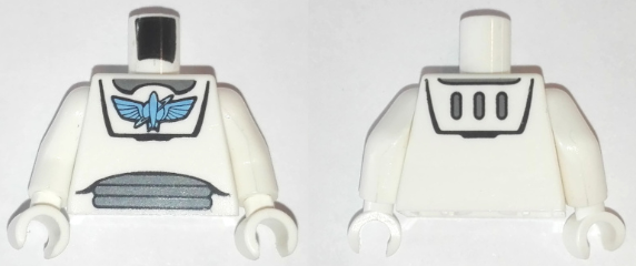 Torso Spacesuit with Medium Blue Star Command Logo, Dark Bluish Gray Neck and Stomach Panels Pattern / White Arms / White Hands