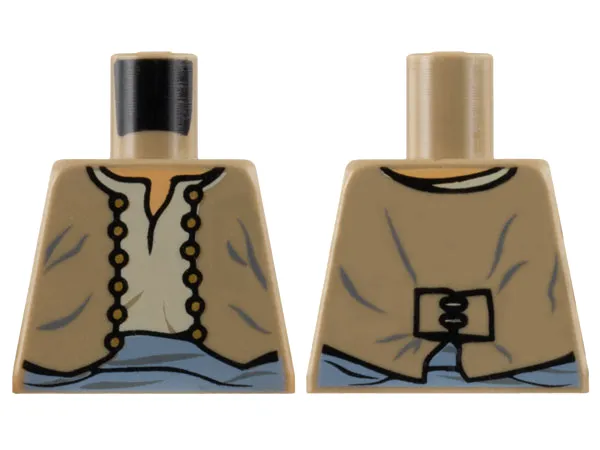 Torso Merchant Vest Open with Gold Buttons over Tan Shirt, Sand Blue Sash, Nougat Neck Pattern