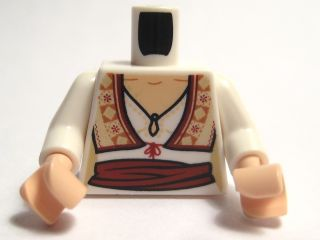 Torso Female Blouse with Keyhole Neckline, Ornate Vest and Dark Red Sash Pattern / White Arms / Light Nougat Hands