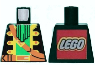 Torso Pirate Captain Jacket Open with Yellow Trim over Green Shirt with Neck Ruffle, Brown Strap, Belt with Buckle, LEGO Logo on Back Pattern