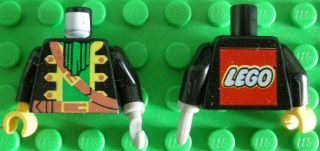 Torso Pirate Captain Jacket Open with Yellow Trim over Green Shirt with Neck Ruffle, Brown Strap, Belt with Buckle, LEGO Logo on Back Pattern / Black Arms / Light Gray Hook Left / Yellow Hand Right