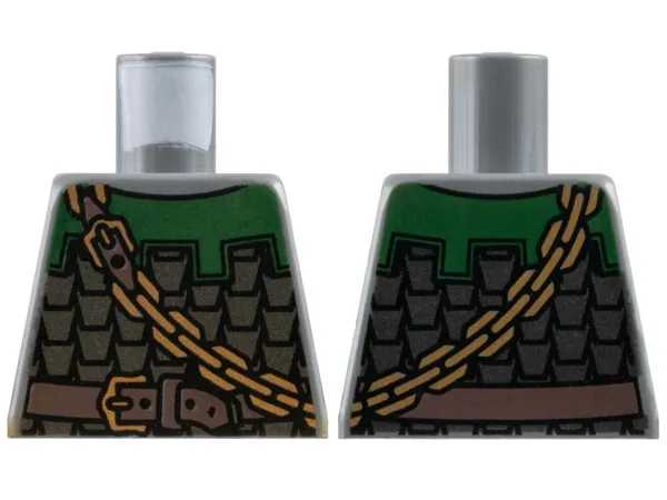 Torso Castle Kingdoms Dark Silver Scale Mail Armor with Dark Green Collar, Dark Brown Belt with Gold Buckle, Chain Pattern