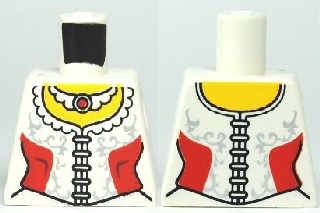 Torso Female Corset with Ruffled Collar, Red Side Panels, and Light Bluish Gray Filigree, Necklace with Round Jewel, Yellow Neck Pattern