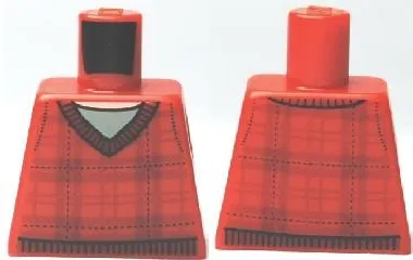 Torso Plaid Sweater with V-Neck Collar and Dark Red Lines over Light Bluish Gray Shirt, Light Nougat Neck Pattern