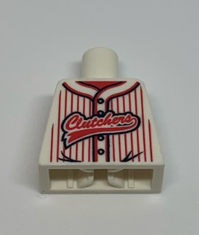 Torso Baseball Jersey with Vertical Red Stripes, Buttons, and 'Clutchers' Logo Pattern