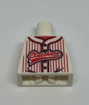 Torso Baseball Jersey with Vertical Red Stripes, Buttons, and 'Clutchers' Logo Pattern