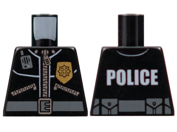 Torso Police Leather Jacket, Gold Badge, Radio, Belt with 'POLICE' Pattern on Back