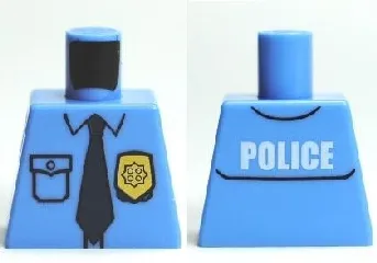 Torso Police Uniform Shirt with Pocket and White 'POLICE' on Back, Gold Badge, Dark Blue Tie Pattern