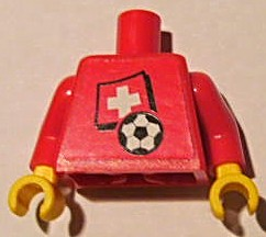 Torso Soccer Red/White Team, Swiss Flag Sticker Front, Black Number Sticker Back Pattern (specify number in listing) / Red Arms / Yellow Hands