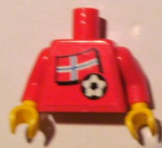 Torso Soccer Red/White Team, Norwegian Flag Sticker Front, Black Number Sticker Back Pattern (specify number in listing) / Red Arms / Yellow Hands