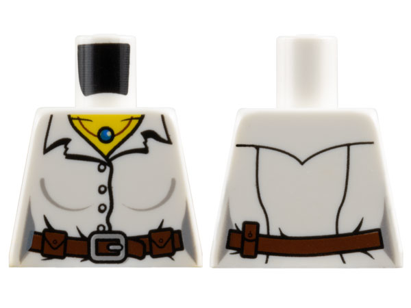 Torso Female Shirt with Collar and Buttons, Reddish Brown Belt with Pouches and Buckle, Necklace with Blue Bead, Yellow Neck Pattern