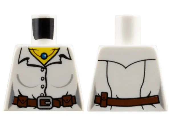 Torso Female Shirt with Collar and Buttons, Reddish Brown Belt with Pouches and Silver Buckle, Necklace with Blue Bead, Yellow Neck Pattern