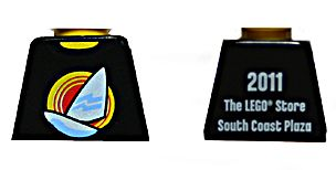 Torso Shirt with White Sailboat over Red Concentric Circles Sun, Yellow Neck, '2011 The LEGO Store South Coast Plaza' on Back Pattern