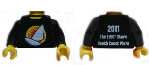 Torso Shirt with White Sailboat over Red Concentric Circles Sun, Yellow Neck, '2011 The LEGO Store South Coast Plaza' on Back Pattern / Black Arms / Yellow Hands