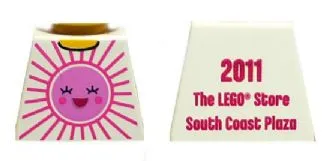 Torso Shirt with Bright Pink and Dark Pink Sun with Face with Red Open Mouth Smile, Yellow Neck, '2011 The LEGO Store South Coast Plaza' on Back Pattern