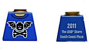 Torso Black Bat Minifigure Head with Wings and Crossbones, Yellow Neck, '2011 The LEGO Store South Coast Plaza' on Back Pattern