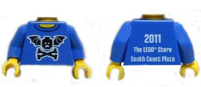Torso Black Bat Minifigure Head with Wings and Crossbones, Yellow Neck, '2011 The LEGO Store South Coast Plaza' on Back Pattern / Blue Arms / Yellow Hands