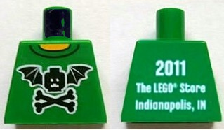 Torso Black Bat Minifigure Head with Wings and Crossbones, Yellow Neck, '2011 The LEGO Store Indianapolis, IN' on Back Pattern