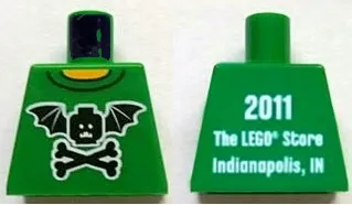 Torso Black Bat Minifigure Head with Wings and Crossbones, Yellow Neck, '2011 The LEGO Store Indianapolis, IN' on Back Pattern