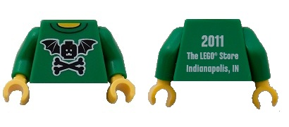 Torso Black Bat Minifigure Head with Wings and Crossbones, Yellow Neck, '2011 The LEGO Store Indianapolis, IN' on Back Pattern / Green Arms / Yellow Hands