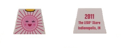 Torso Shirt with Bright Pink and Dark Pink Sun with Face with Red Open Mouth Smile, Yellow Neck, '2011 The LEGO Store Indianapolis, IN' on Back Pattern