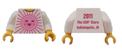 Torso Shirt with Bright Pink and Dark Pink Sun with Face with Red Open Mouth Smile, Yellow Neck, '2011 The LEGO Store Indianapolis, IN' on Back Pattern / White Arms / Yellow Hands