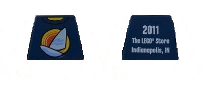 Torso Shirt with White Sailboat over Red Concentric Circles Sun, Yellow Neck, '2011 The LEGO Store Indianapolis, IN' on Back Pattern