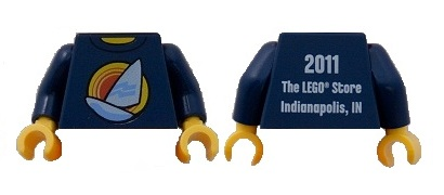 Torso Shirt with White Sailboat over Red Concentric Circles Sun, Yellow Neck, '2011 The LEGO Store Indianapolis, IN' on Back Pattern / Dark Blue Arms / Yellow Hands