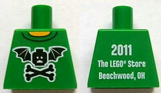 Torso Black Bat Minifigure Head with Wings and Crossbones, Yellow Neck, '2011 The LEGO Store Beachwood, OH' on Back Pattern