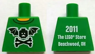 Torso Black Bat Minifigure Head with Wings and Crossbones, Yellow Neck, '2011 The LEGO Store Beachwood, OH' on Back Pattern